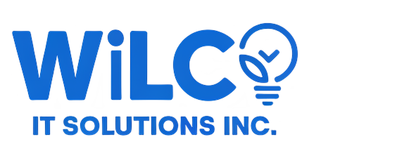 Wilco IT Solutions Inc. logo featuring bold blue text Wilco with a stylized lightbulb and checkmark forming the letter O, accompanied by the tagline IT SOLUTIONS INC. below; the design conveys professionalism and innovation in a clean, modern style